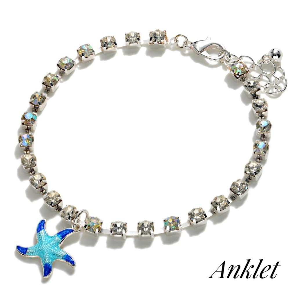Rhinestone Anklet Featuring Starfish Charm Blue